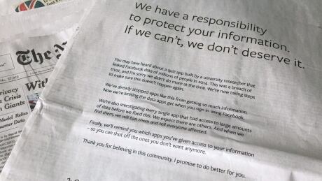 An advertisement in the New York Times is displayed on Sunday, March 25, 2018, in New York. Facebook’s CEO apologized for the Cambridge Analytica scandal with ads in multiple U.S. and British newspapers Sunday. The ads signed by Mark Zuckerberg say the social media platform doesn’t deserve to hold personal information if it can’t protect it. Facebook Data Collection