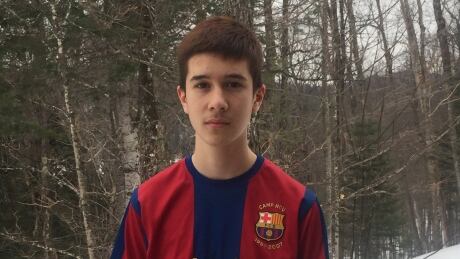 Philippe Volek, 14, is poses in this undated handout photo. A Montreal-area 14-year-old says he was kicked out of class class after wearing a jersey to show of support for the victims of the Humboldt Broncos crash. Philippe Volek says he decided to wear a red and blue soccer shirt to his high school in Ste-Adele after hearing about a nationwide Jersey Day event to honour the 16 people killed in the Saskatchewan crash. Humboldt Jersey Day Suspension 20180412