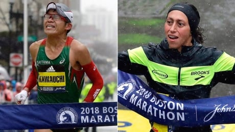 Yuki Kawauchi, left, surged late to become the first Japanese man to win the Boston Marathon since 1987 on Monday. Desiree Linden, right, fought through a near-gale
headwind to victory, the first American woman to win the race since 1985.
kawauchi-linden-boston-marathon-1180