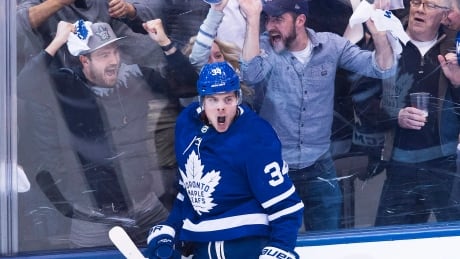 Toronto's Auston Matthews celebrates his goal in the Leafs' 4-2 win over Boston on Monday in Game 3 of their first-round series. HKN Bruins Maple Leafs 20180416