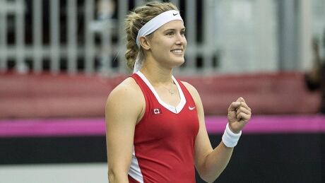 Eugenie Bouchard celebrates after defeating Ukraine's Lesia Tsurenko during Sunday's Fed Cup match. Eugenie Bouchard Fed Cup Canada Ukraine