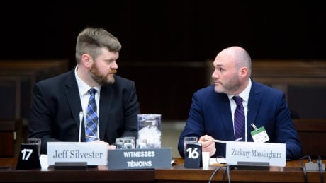 Jeff Silvester, left, and Zackary Massingham of AggregateIQ appear as witnesses at the commons privacy and ethics committee in Ottawa on Tuesday, April 24, 2018. The committee is looking into the breach of personal information involving Cambridge Analytica and Facebook. Privacy 20180424