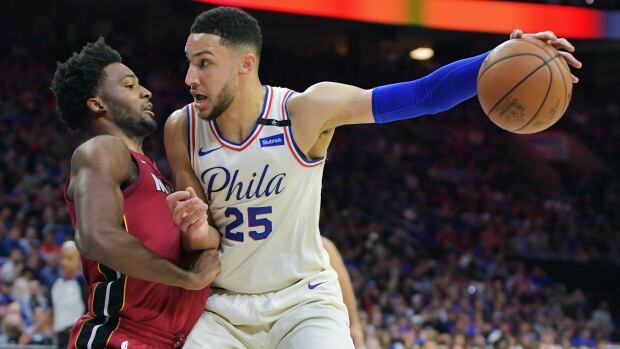 Ben Simmons fights off Justice Winslow at Wells Fargo Center during the Philadelphia 76ers' 104-91 win over the Miami Heat in Game 5 of their first-round playoff series on Tuesday night.
Ben Simmons