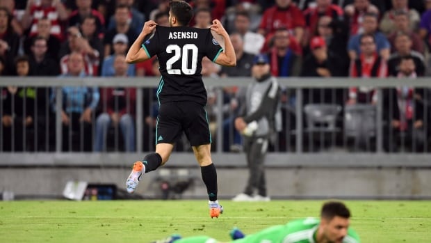 Madrid's Marco Asensio celebrates his goal in his side's 2-1 win over Bayern Munich in their Champions League semifinal on Wednesday. Germany Soccer Champions League