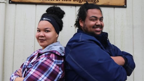 Kalila George-Wilson and Nick George stand in front of the School of New
Beginnings in Tsleil-Waututh Nation in B.C. Kalila George-Wilson and Nick George