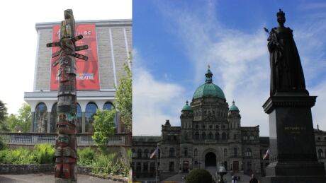 Totem poles sit outside the Royal British Columbia Museum, which is across the street from the province's legislature. Jean pak collage totem pole and leg