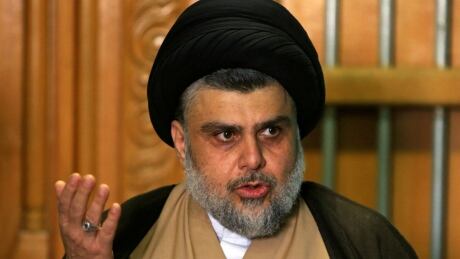 Iraqi Shi'ite cleric Moqtada al-Sadr speaks during a news conference with Iraqi politician Ammar al-Hakim, leader of the Hikma Current, in Najaf, Iraq May 17, 2018. IRAQ-ELECTION/