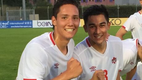 A pair of Canadian players celebrate their 1-0 victory over Turkey at the Toulon Tournament on Thursday. canada-turkey-toulon-053118