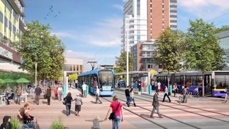 This graphic of the proposed LRT line between Guildford and Newton in Surrey shows how the trains would be part of the streetscape. Surrey LRT street grade graphic