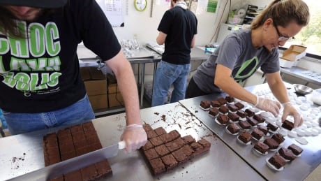 In this Sept. 26, 2014, file photo, smaller-dose pot-infused brownies are divided and packaged at The Growing Kitchen in Boulder, Colo. Canadians won't be able to smoke or vape marijuana in most public places even after the federal government legalizes recreational use of the drug later this year. Cannabis Edibles 20180606