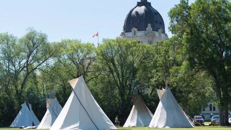 Teepees are seen at the Justice for Our Stolen Children camp near the Saskatchewan Legislative Building in Regina on Wednesday June 27, 2018. Stolen Children camp 20180627
