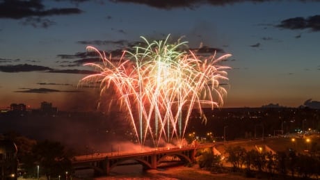 Fireworks over the Centre Street Bridge in Calgary, July 2017. Fireworks over the Centre Street Bridge in Calgary, July 2017.