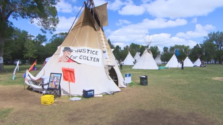 The Justice for Our Stolen Children camp at Wascana Park in Regina has grown from one teepee to 12. Justice camp teepee view