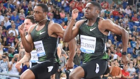 Christian Coleman will return from a right hamstring injury to race against co-world leader and fellow American Ronnie Baker, left, in the men's 100 metres at Diamond League Rabat in Morocco, on Friday at 4:30 p.m. ET. The track and field meet will be live streamed at CBCSports.ca, starting at 1 p.m. coleman-christian-180531-1180