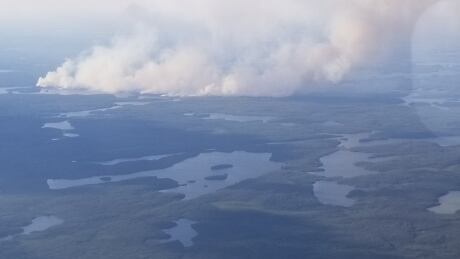 An aerial shot of the forest fire in Red Lake near the boundary of Woodland Caribou Provincial Park. Red Lake Forest Fire
