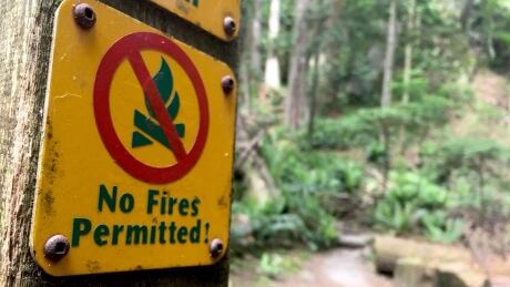 A campfire ban sign at Lighthouse Park in West Vancouver. Campfire ban