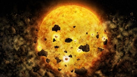 This illustration provided by NASA depicts debris surrounding the star RW Aur A, about 450 light-years away from the Earth. In the Wednesday, July 18, 2018 edition of the Astronomical Journal, astronomers said they may have caught the star munching on a planet or mini-planets. Planet Munching