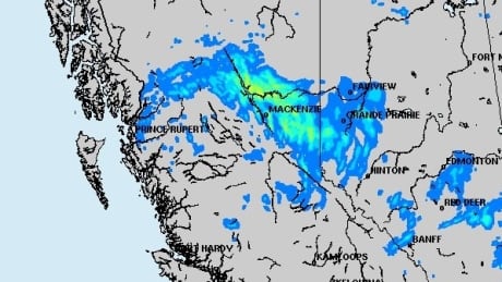 A map from Environment Canada showing heavy rainfall — up to 70 mm — for some areas around MacKenzie B.C. and Fort St. John. Rainfall map B.C. peace region July 20 2018