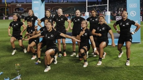 New Zealand performs a haka after defeating France to repeat as Rugby World Cup Sevens champions. Rugby Sevens New Zealand Haka