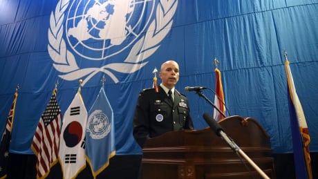 U.S. Lieutenant General Wayne Eyre, deputy commander of the United Nations Command, speaks before a repatriation ceremony for the remains of U.S. soldiers killed in the Korean War and collected in North Korea, at the Osan Air Base in Pyeongtaek on Wednesday, Aug. 1, 2018. North Korea handed over 55 boxes of the remains last week as part of agreements reached during a historic June summit between its leader Kim Jong Un and U.S. President Donald Trump. US Korea War Remains