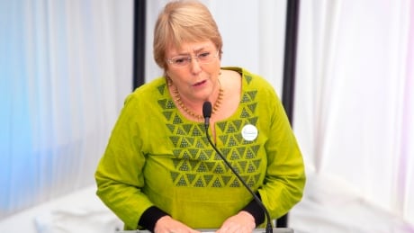 Former Chilean President Michelle Bachelet delivers a speech in Santiago last week. Diplomats who spoke to reporters on Wednesday say the UN position in hers pending confirmation.<br />
<br />
AFP_1835EB