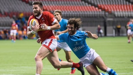 Canada's D.T.H. van der Merwe, left, scores a try after evading Uruguay's Rodrigo Silva, during a January Rugby World Cup qualifier match in Vancouver, B.C. Canada-Uruguay-27012018