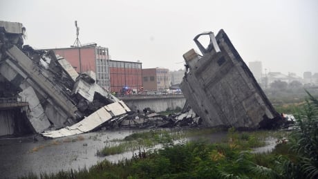 A large section of the Morandi viaduct upon which the A10 motorway runs collapsed in Genoa, Italy on Tuesday. Both sides of the highway fell. Around 10 vehicles are involved in the collapse, rescue sources said Tuesday. ITALY BRIDGE COLLAPSE