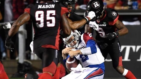 Johnny Manziel fumbles as he is hit trying to score against the Ottawa Redblacks on Saturday. FBO CFL Alouettes Redblacks 20180811