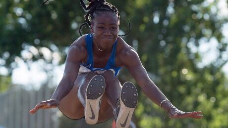 Long jumper Christabel Nettey, pictured here soaring through the air on the way to a gold medal at the Canadian track and field championships in July, will attempt to qualify for the Diamond League final later this month at Saturday's Müller Grand Prix in Birmingham, England (CBCSports.ca, 9 a.m. ET). nettey-christabel-180706-1180