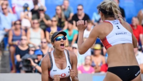Canada's Heather Bansley, right, and Brandie Wilkerson fell to the Czech Republic (21-15, 17-21, 15-7) in the quarter-finals of the FIVB World Tour Final on Saturday in Hamburg, Germany. bansley-wilkerson
