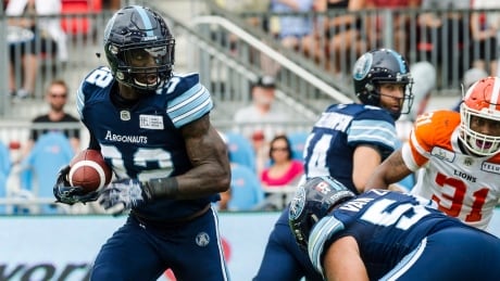 Toronto Argonauts running back James Wilder Jr. (32) had a big day in the Toronto Argonauts' 24-23 win over the B.C. Lions on Saturday afternoon. james-wilder-jr