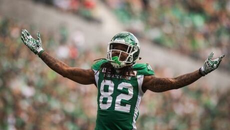 Saskatchewan Roughriders wide receiver Naaman Roosevelt (82) had three receptions for 21 yards receiving in his team's 40-27 win against the Calgary Stampeders on Sunday evening. naaman-roosevelt