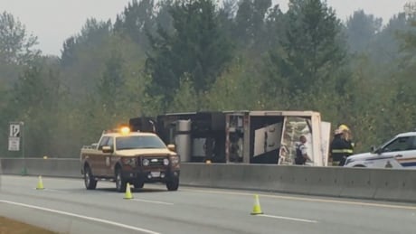 A semi truck rolled over on the Sea to Sky Highway has caused a traffic back up Monday morning. semi rollover sea to sky
