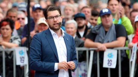 Jimme vÖkesson, leader of the Sweden Democrats, speaks during a campaign visit in Gothenburg, Sweden, on Tuesday, Aug. 28, 2018. General elections will be held in Sweden on Sept. 9, 2018. Sweden Elections