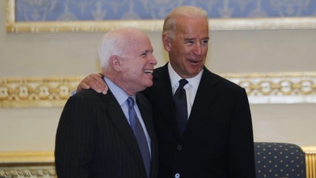 Joe Biden, then vice-president, and U.S. Senator John McCain are shown in October 2011 at the Riyadh airbase in Saudi Arabia. The pair were Senate colleagues for two decades. Biden-McCain