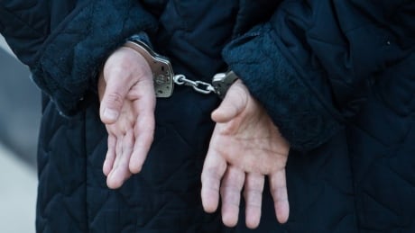A woman with a Turkish passport is taken into custody by Royal Canadian Mounted Police (RCMP) officers after walking across the U.S.-Canada border into Surrey, British Columbia February 25, 2017. Handcuffs