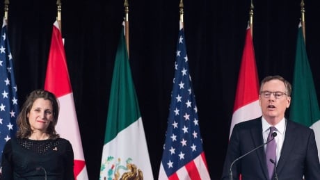 Foreign Affairs Minister Chrystia Freeland looks on as United States Trade Representative Robert Lighthizer delivers his statement to the media during the sixth round of negotiations for a new North American Free Trade Agreement in Montreal, Monday, January 29, 2018. Talks NAFTA 20180129