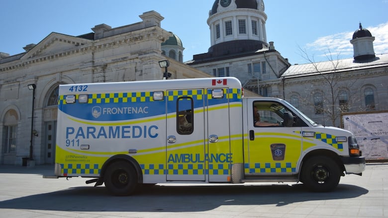 An ambulance with bright blue and red decals on its side is parked in front of a domed, grey stone building.