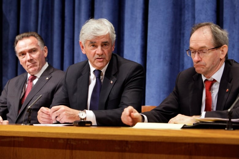 In 2010, Canada's Foreign Minister Lawrence Cannon, centre, flanked by Peter Kent, Canadian secretary of state for the Americas, left, and Canada's UN Ambassador John McNee, participate in a news conference at United Nations headquarters after Germany and Portugal successfully bid for Security Council seats. (Richard Drew/Associated Press)