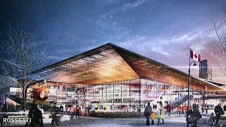 This conceptual drawing of a new hockey arena in Victoria Park is from the Calgary Sports and Entertainment Corporation, which owns the Calgary Flames. It shows what a proposed arena would look like at 12th Avenue and 4th Street S.E. Victoria Park arena