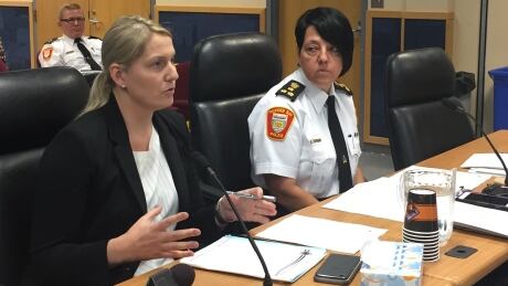 Thunder Bay police have determined that each of its 148,000 searches of the COVID-19 database was for "a proper purpose", says the police service lawyer Holly Walbourne, (l) in this file photo from 2018, with Police Chief Sylvie Hauth. Holly Walbourne