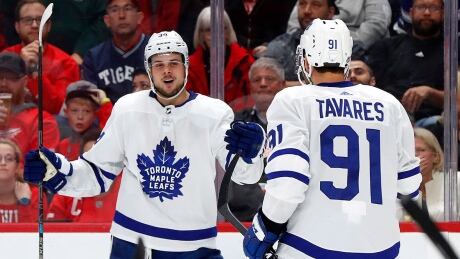 Centres Auston Matthews, left, and John Tavares (91) have the Toronto Maple Leafs off to a flying start. matthews-tavares