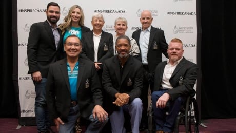 The Canadian Sports Hall of Fame Class of 2018: (back row left to right) Alexandre Despatie, Chandra Crawford, Dr. Sandra Kirby, Maureen Baker (daughter of Mary Baker) Dave Keon and (front row left to right) Wilton Littlechild, Damon Allen and Jeff Adams. Cda Sports Hall of Fame 20181018