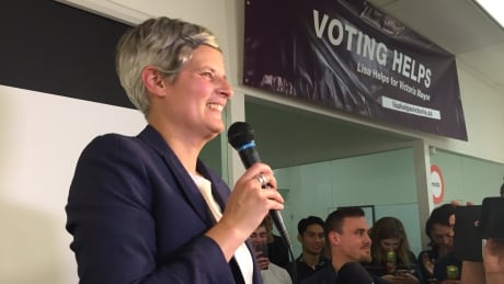 Lisa Helps celebrates her re-election as mayor of Victoria on Oct. 20, 2018. Lisa Helps Mayor of Victoria 2018 election victory