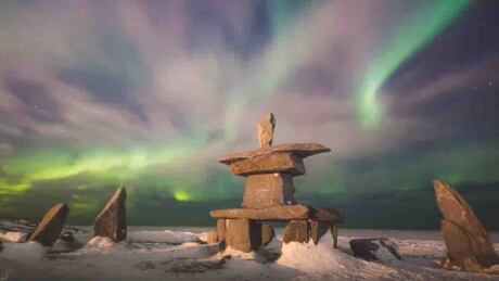 Northern Lights and inukshuks