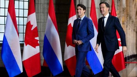 Prime Minister Justin Trudeau welcomes the Prime Minister of the Netherlands Mark Rutte to Parliament Hill in Ottawa on Thursday, Oct. 25, 2018. Canada Netherlands 20181025