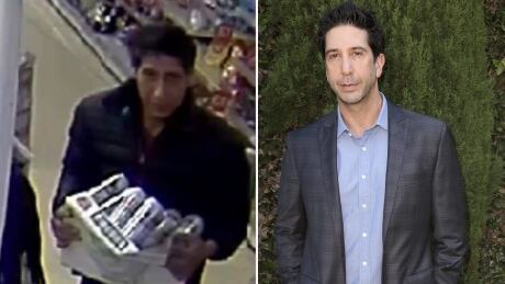 A screen grab of the shoplifting David Schwimmer lookalike carrying a box of beer is seen next to the real David Schwimmer, of Friends fame. David Schwimmer and shoplifter composite