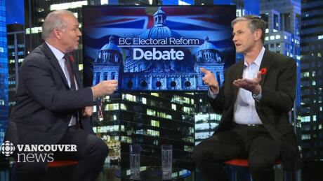 B.C. Premier John Horgan and B.C. Liberal leader Andrew Wilkinson debate the merits of the electoral reform referendum in a debate on Nov. 8, 2018. Horgan Wilkinson