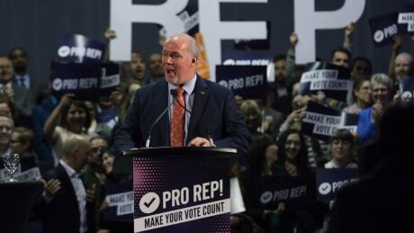 Premier John Horgan speaks at a rally in support of proportional representation at the Victoria Conference Centre on October 23, 2018. Pro Rep John Horgan