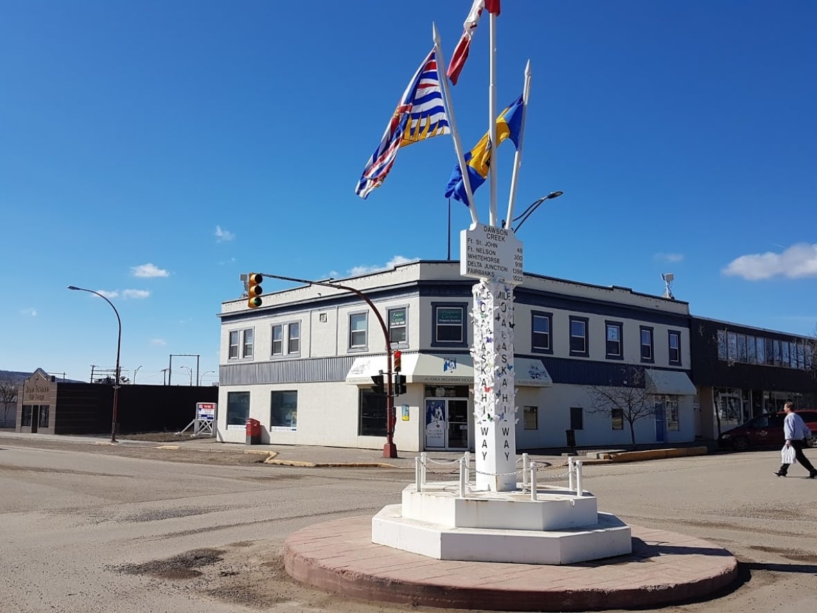 A small post at the centre of a town with flags of B.C. and Canada.